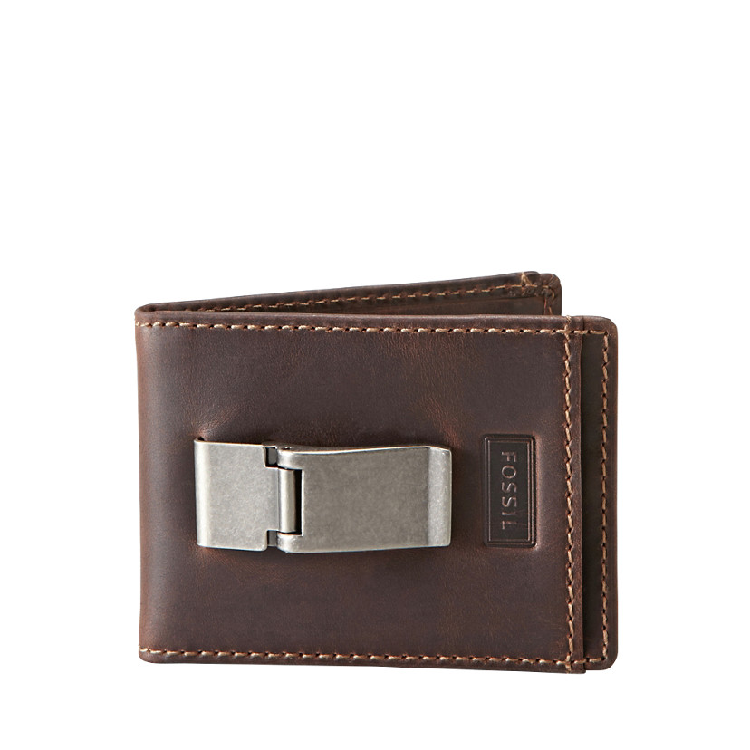 FOSSIL Money Clip Front Pocket Wallet ID Window Bifold Genuine Leather Brown New | eBay